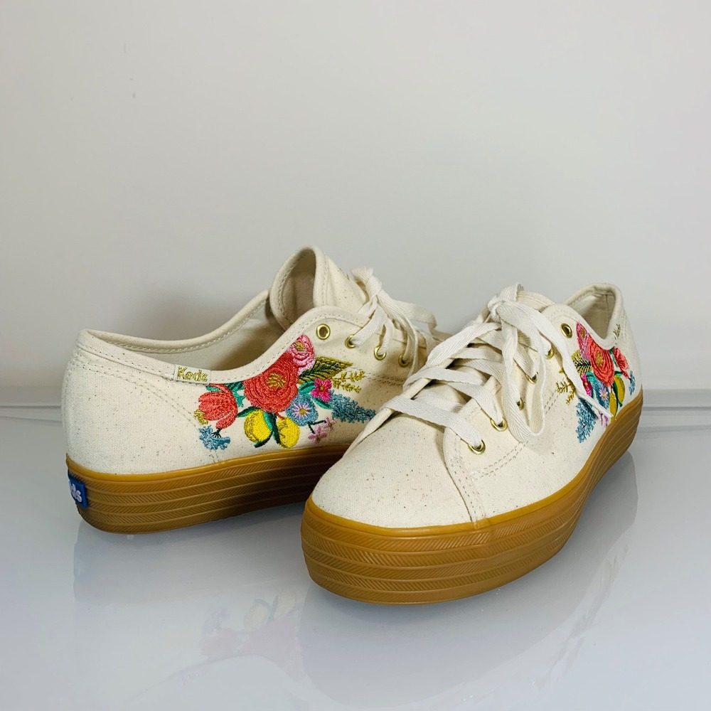 Keds x Rifle Paper Co Floral Embroidered Platform Sneakers Cream  Womens 8.5 NEW